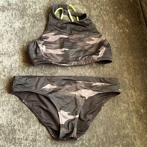 Athleta Black & Gray Camo High-Neck Bikini Set